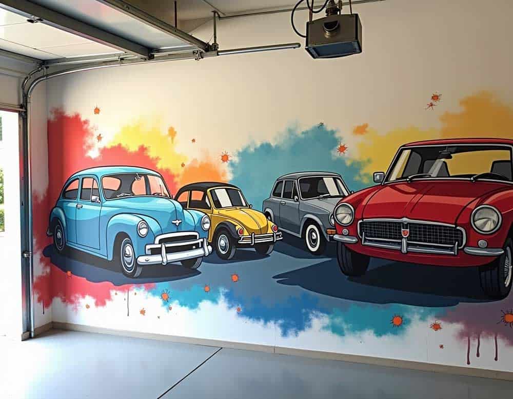 Garagenwand mit farbenfrohem Auto-Motiv