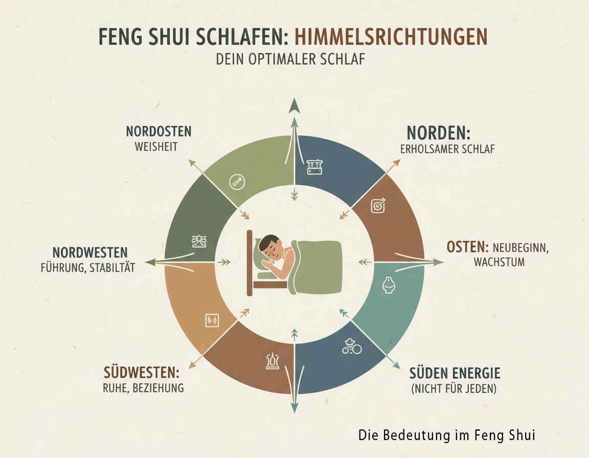 Abbildung zur Schlafrichtung in der Bedeutung von Feng Shui Abbildung zur Schlafrichtung in der Bedeutung von Feng Shui