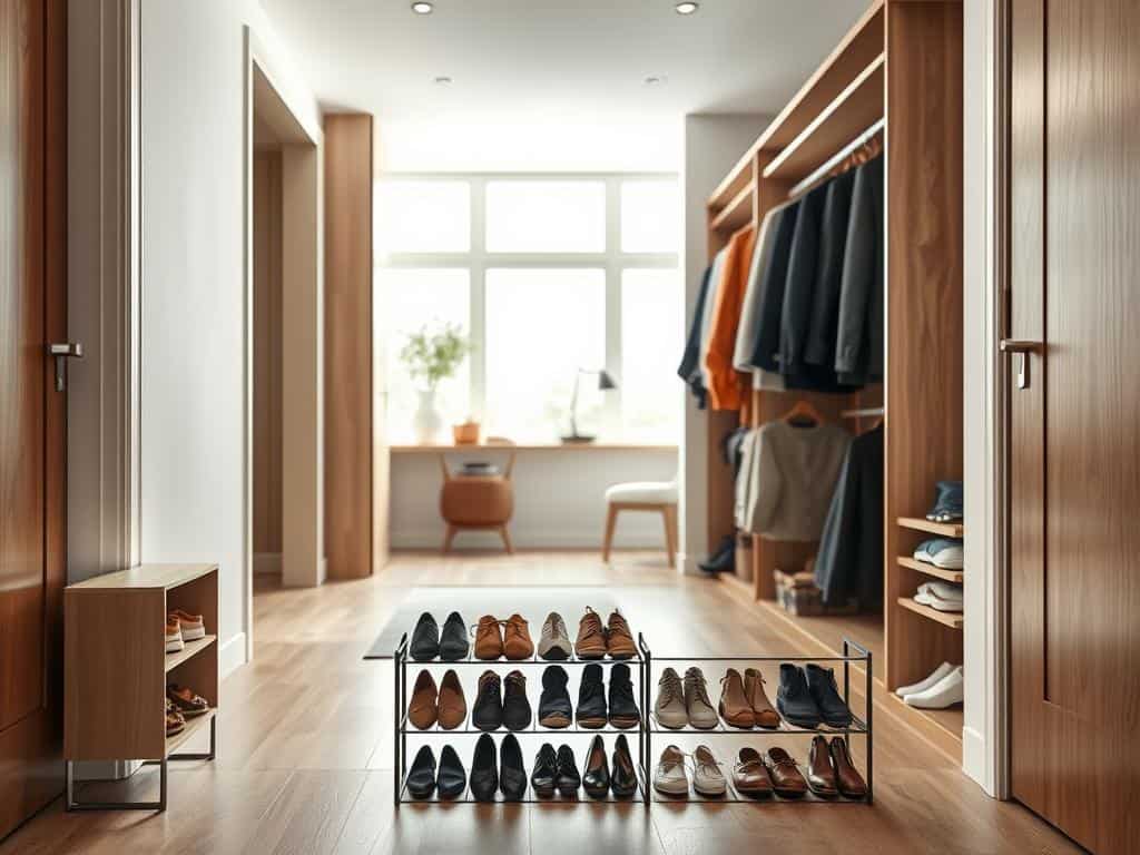 Flur mit Schuhregal und Garderobensystem