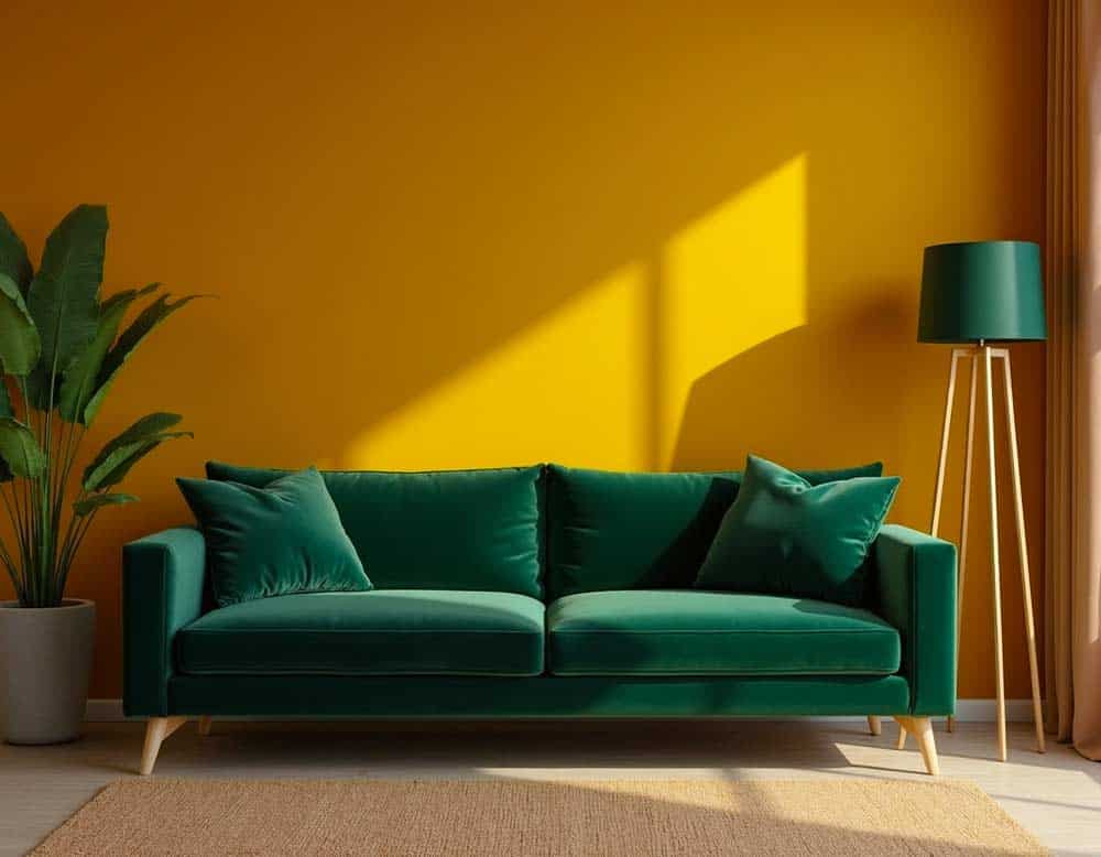 Wohnraum mit dunkelgrünem Samtsofa und Wand in senfgelb