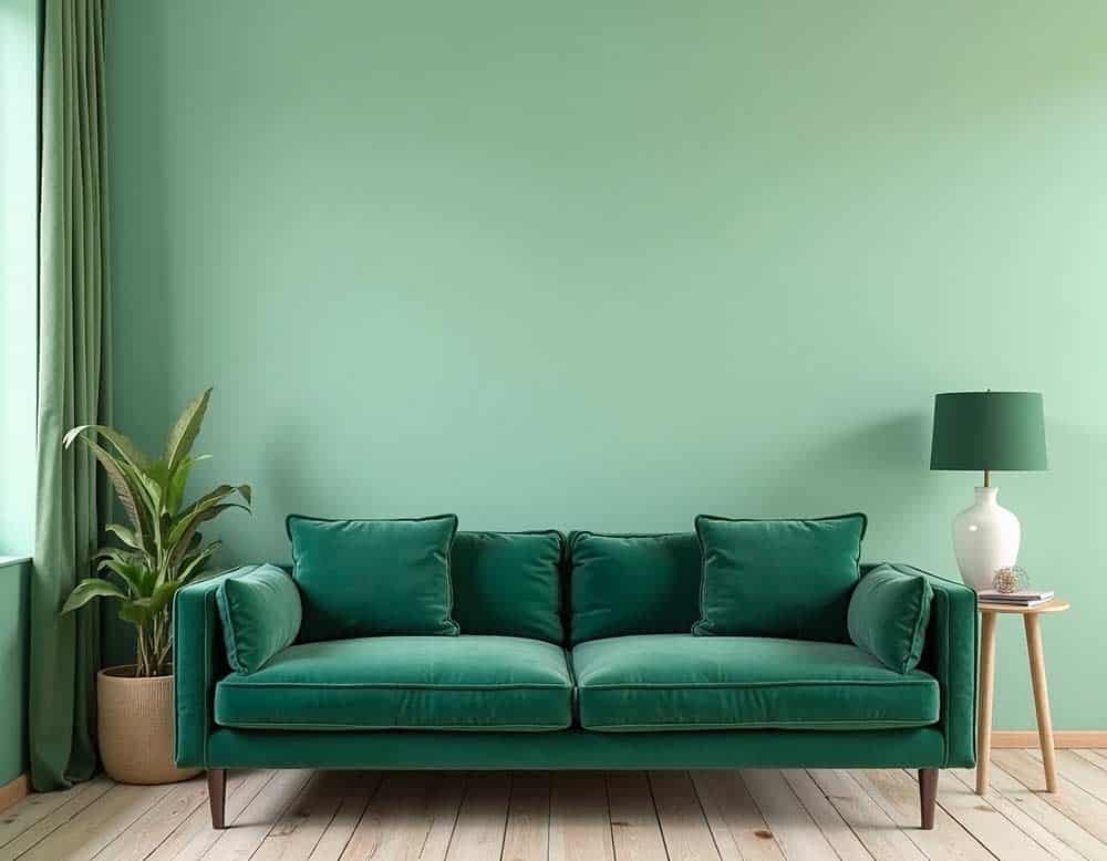 Zinmer mit dunkelgrünem Samtsofa und Wand in zartes Mintgrün