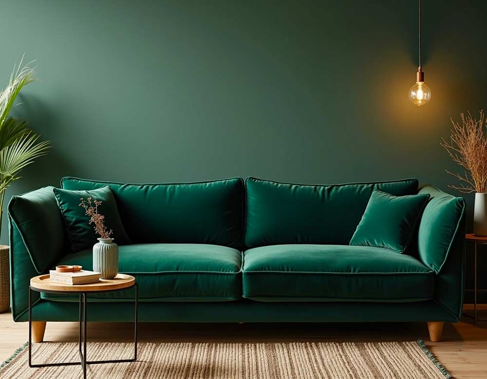 Wohnraum mit dunkelgrünem Samtsofa