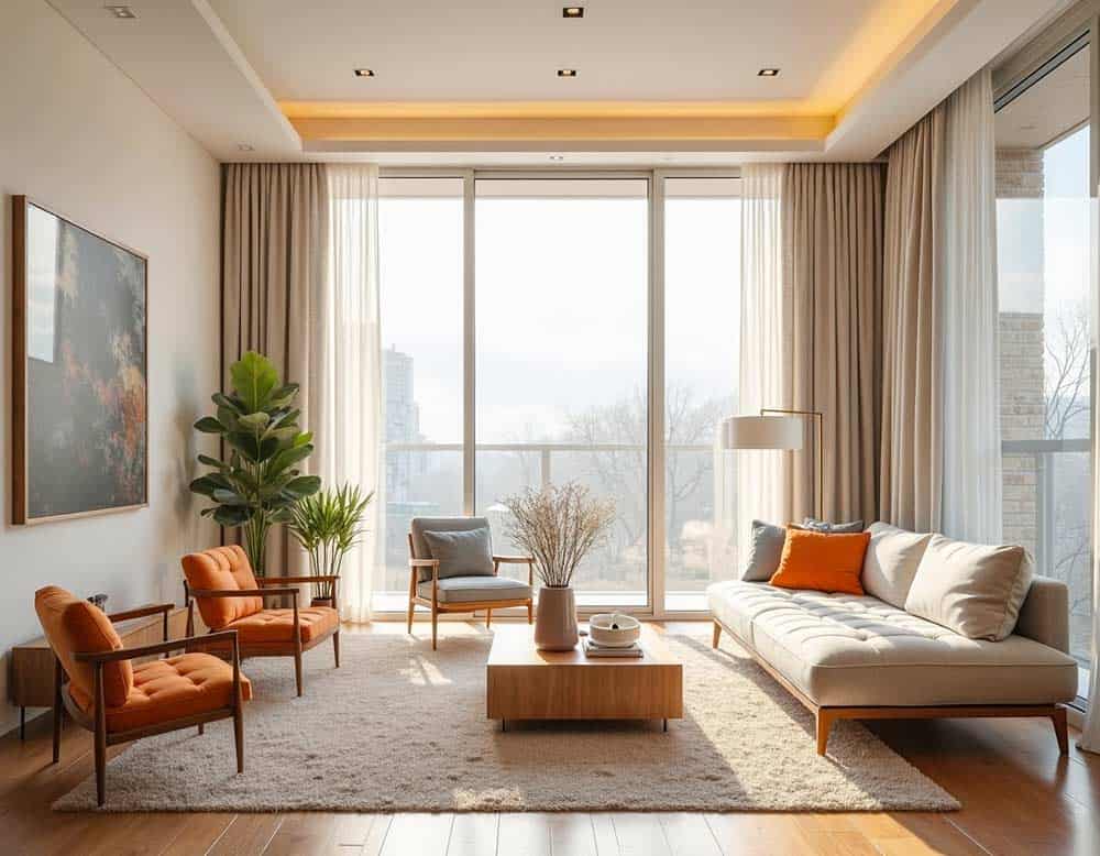 Quadratischer Wohnraum mit Fenster und Farbakzente Quadratischer Wohnraum mit Fenster und Farbakzente