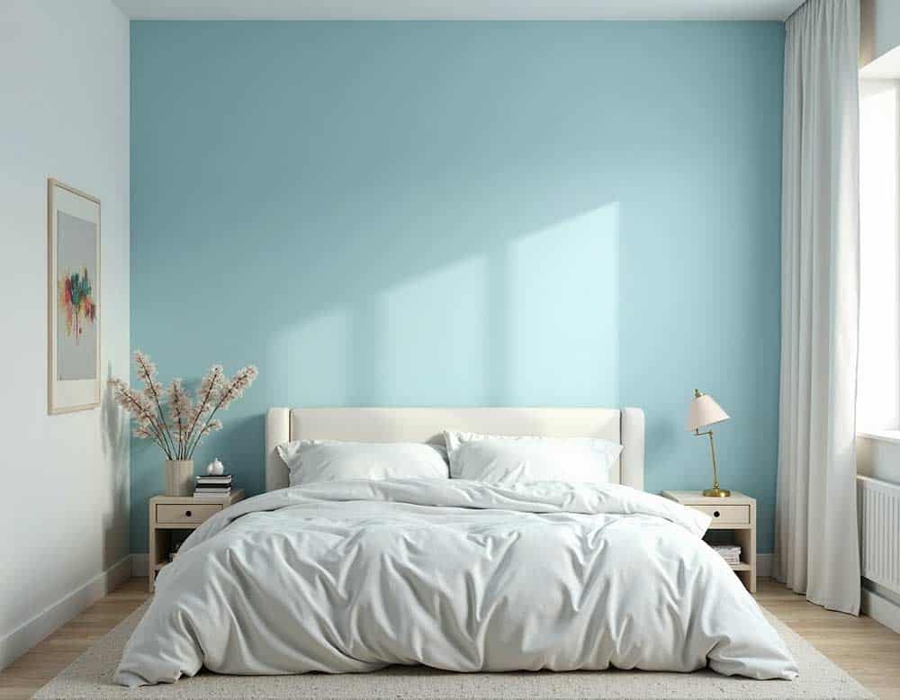 Kleines Schlafzimmer mit zarter himmelblauer Wand Kleines Schlafzimmer mit zarter himmelblauer Wand