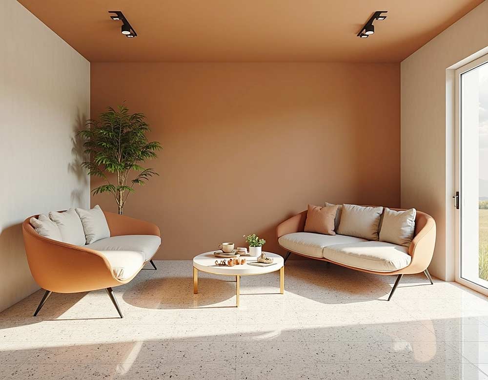 Wohnraum mit Terrazzo‑Böden und passender farbiger Wand Wohnraum mit Terrazzo‑Böden und passender farbiger Wand