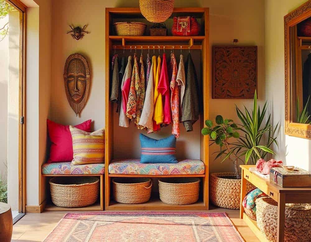 Geräumiger Eingangsbereich mit Familiengarderobe im bunten Ethno-Stil