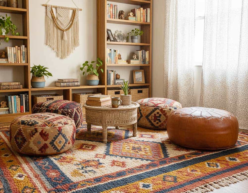 Ethno-Leseecke im Wohnraum mit Poufs als Sitzgelegenheit