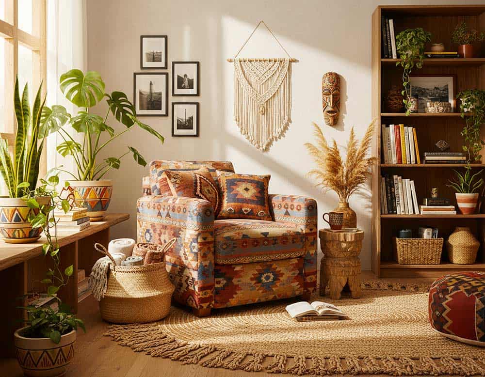 Leseecke im Wohnraum im Ethno Stil mit Pflanzen und Ethno Accessoires