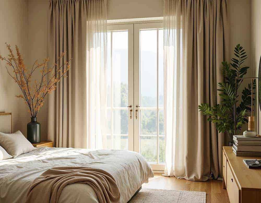 Feng Shui-Schlafzimmer mit dekorativen Vorhängen am Fenster