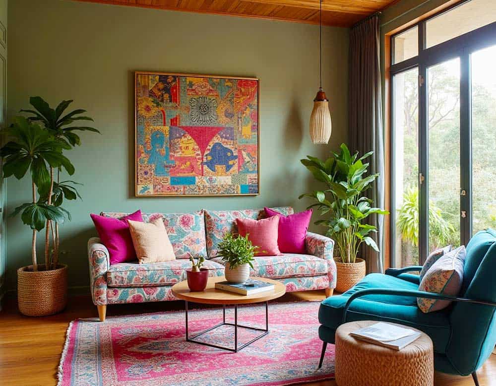 Multikultureller Wohnstil trifft Moderne – ein Wohnzimmer, das verbindet