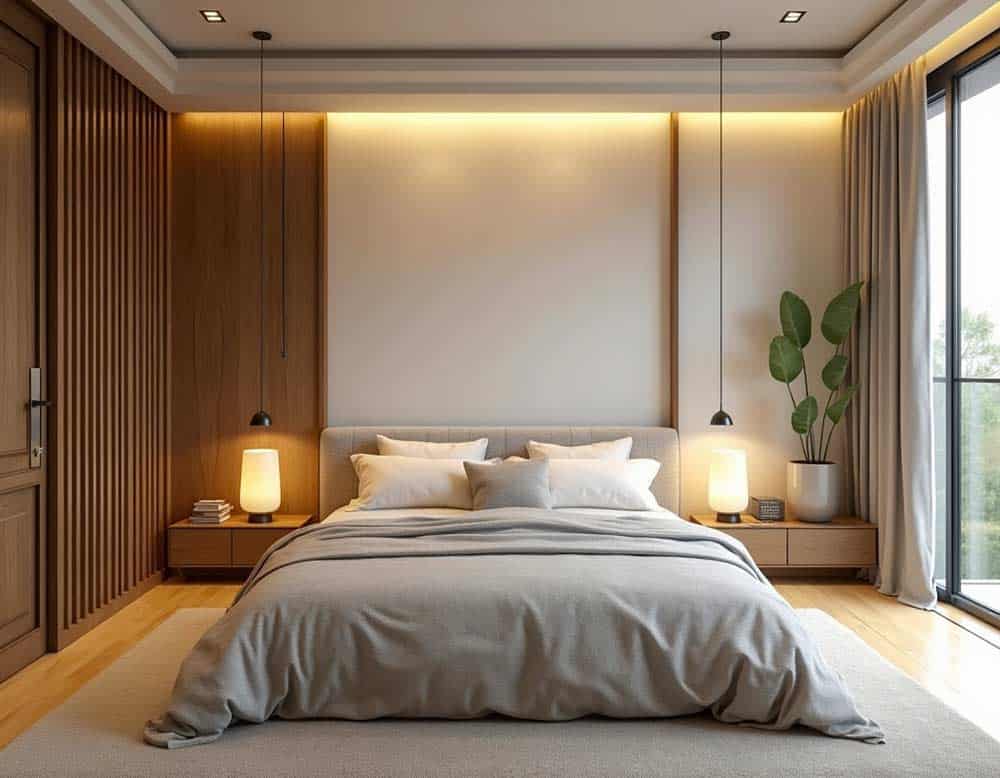 Schlafzimmer mit Bett zwischen Tür und Fenster