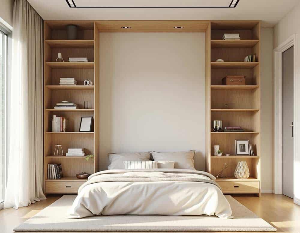 Schlafzimmer mit Bücherregal als Qi-Bremse zwischen Bett und Tür