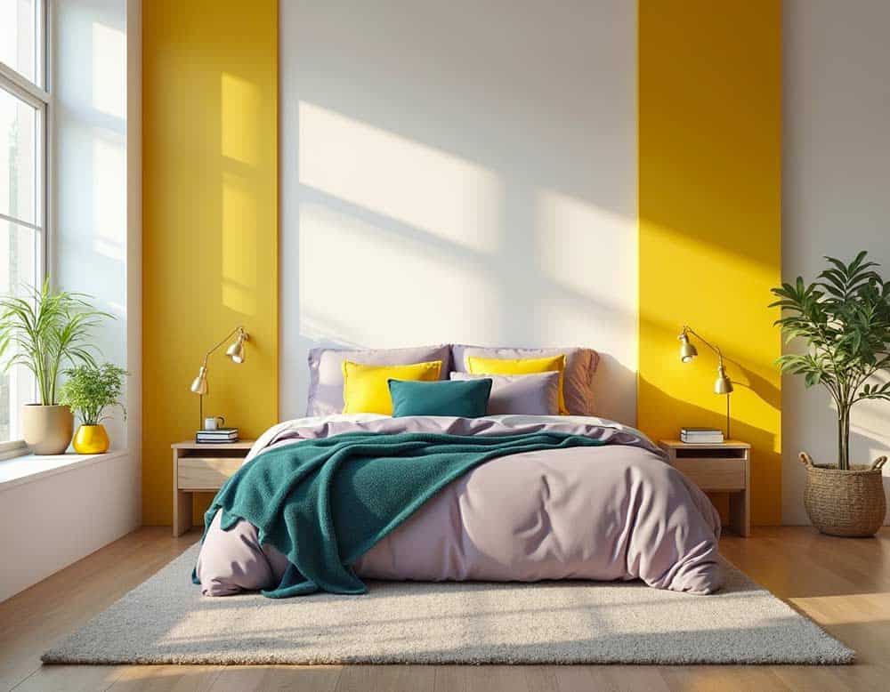 Trendiges Schlafzimmer mit Farbakzenten