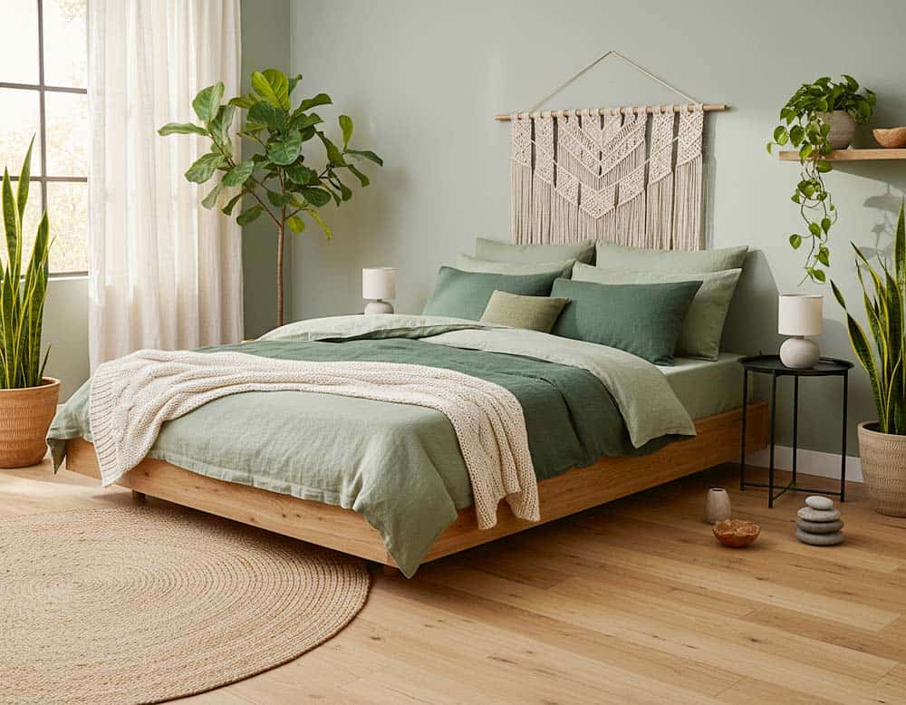 Schlafzimmer im Feng-Shui-Stil mit Bettwäsche in Salbei