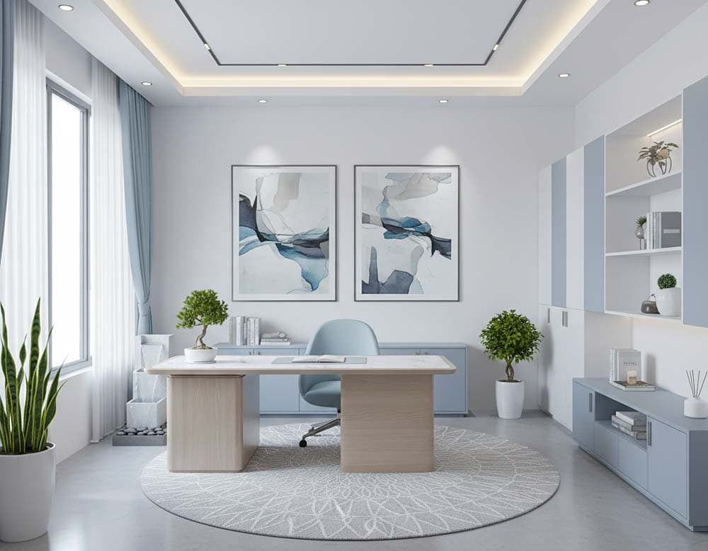 Büro für Analytische Arbeit nach Feng-Shui mit Farben Weiß, Grau, sanftes Blau