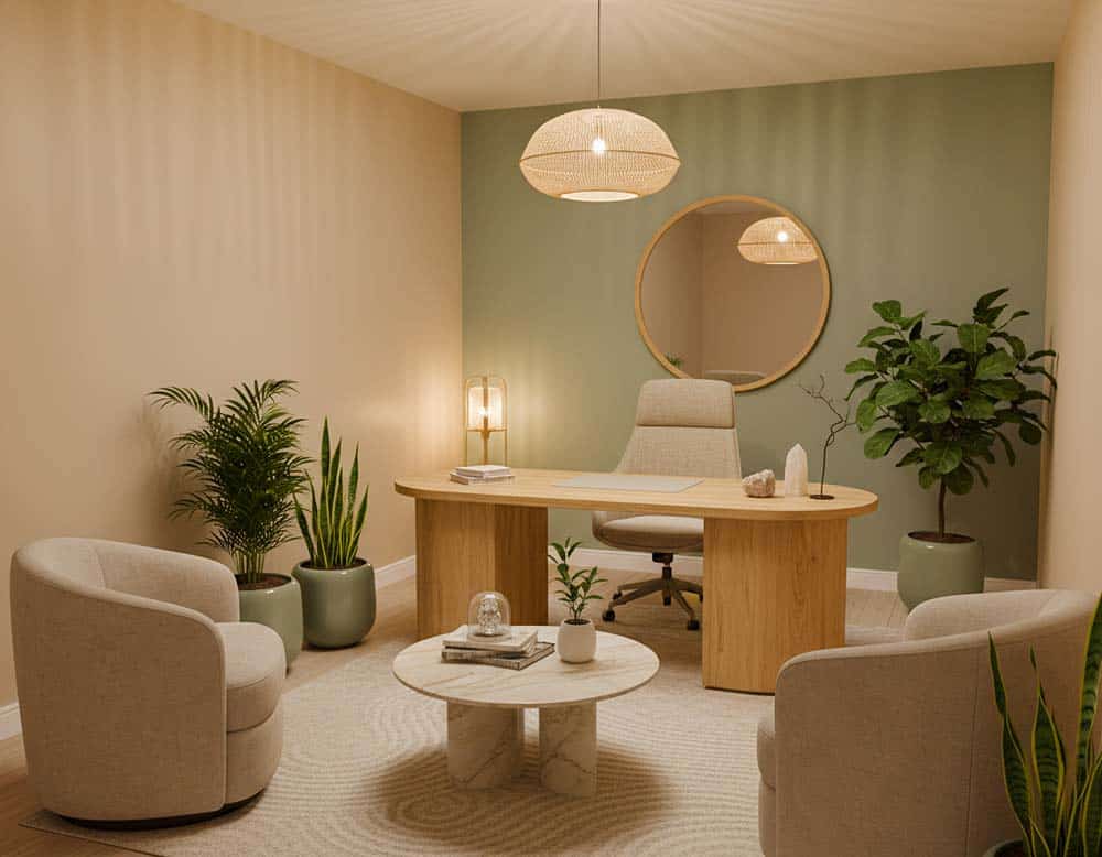 Büro für Beratung & Coaching nach Feng-Shui mit Farben Beige, Sand, Salbeigrün