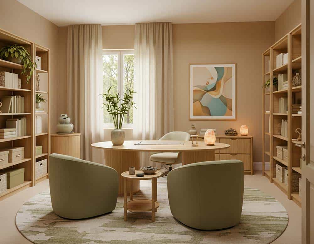 Büro für Beratung & Coaching nach Feng-Shui mit Farben Beige, Sand, Salbeigrün