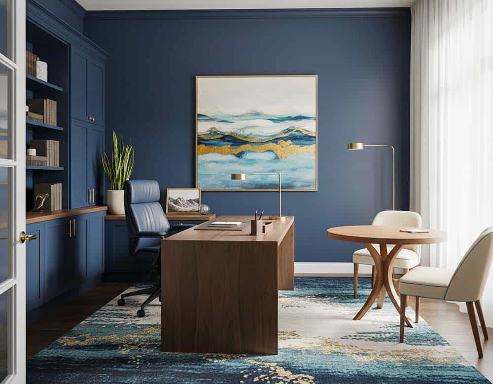 Büro für Führung & Entscheidung Arbeit nach Feng-Shui mit Farben Dunkelblau, Petrol, Akzente