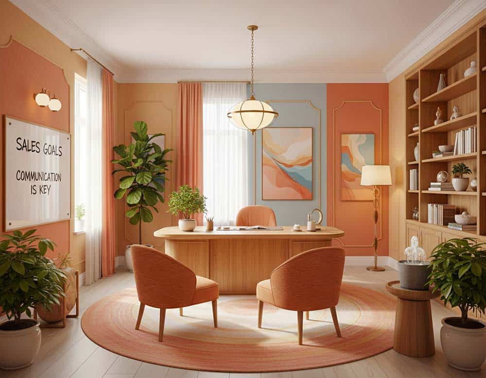Büro für Beratung & Coachingt nach Feng-Shui mit Farben Beige, Sand, Salbeigrün