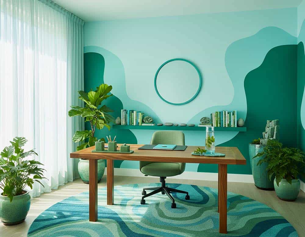 Büro für Kreative Arbeit nach Feng-Shui mit Farben Grün, Türkis, helles Blau