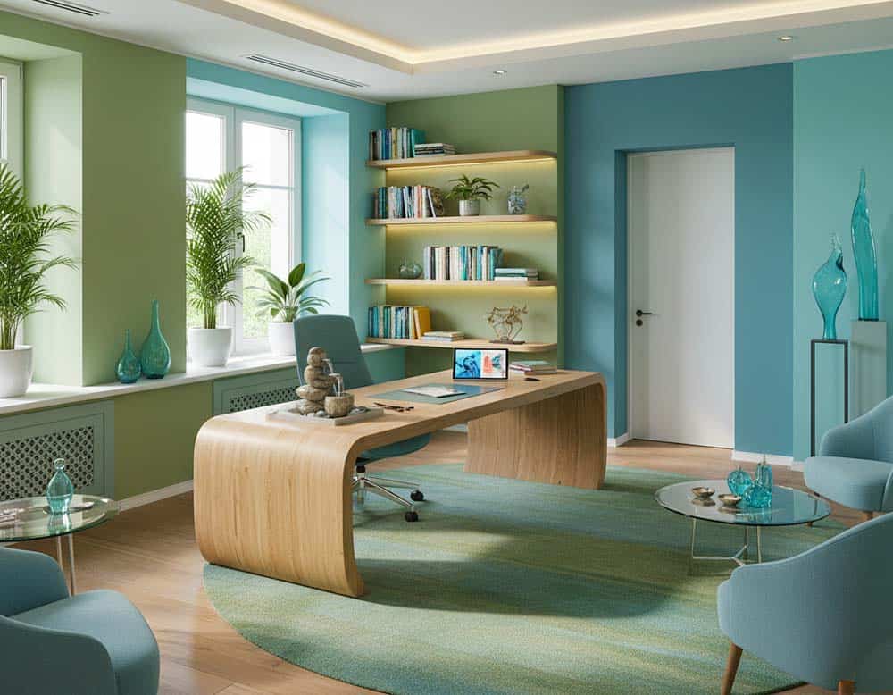 Büro für Kreative Arbeit nach Feng-Shui mit Farben Grün, Türkis, helles Blau