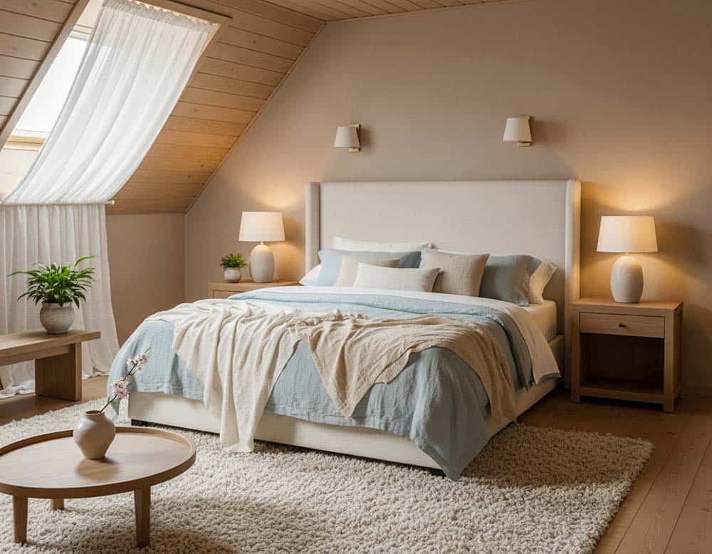 Feng Shui für Schlafzimmer mit Dachschräge mit sanften Farben wie ein zartes Hellblau