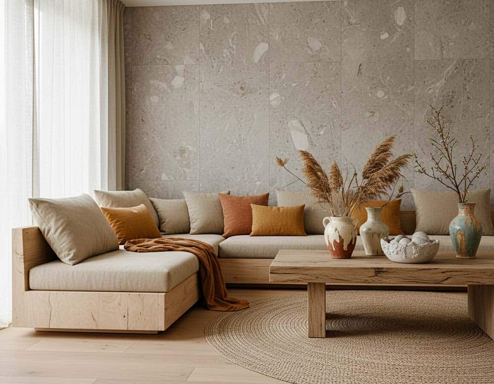 Japandi Deko in unbehandeltes Holz, Keramik mit unregelmäßiger Glasur, Leinenstoff, Steinoberfläche, warme Farbe Japandi Deko in unbehandeltes Holz, Keramik mit unregelmäßiger Glasur, Leinenstoff, Steinoberfläche, warme Farbe