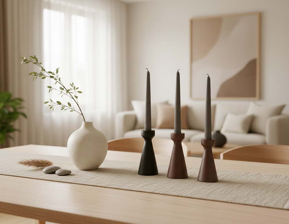 Japandi-Dekoideen mit Leinen-Tischläufer in Beige, darauf schwarze oder dunkelbraune Kerzenhalter und eine einzelne, sehr einfache Vase
