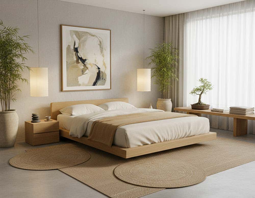 Japandi Schlafzimmer mit bodennahem Bett Japandi Schlafzimmer mit bodennahem Bett