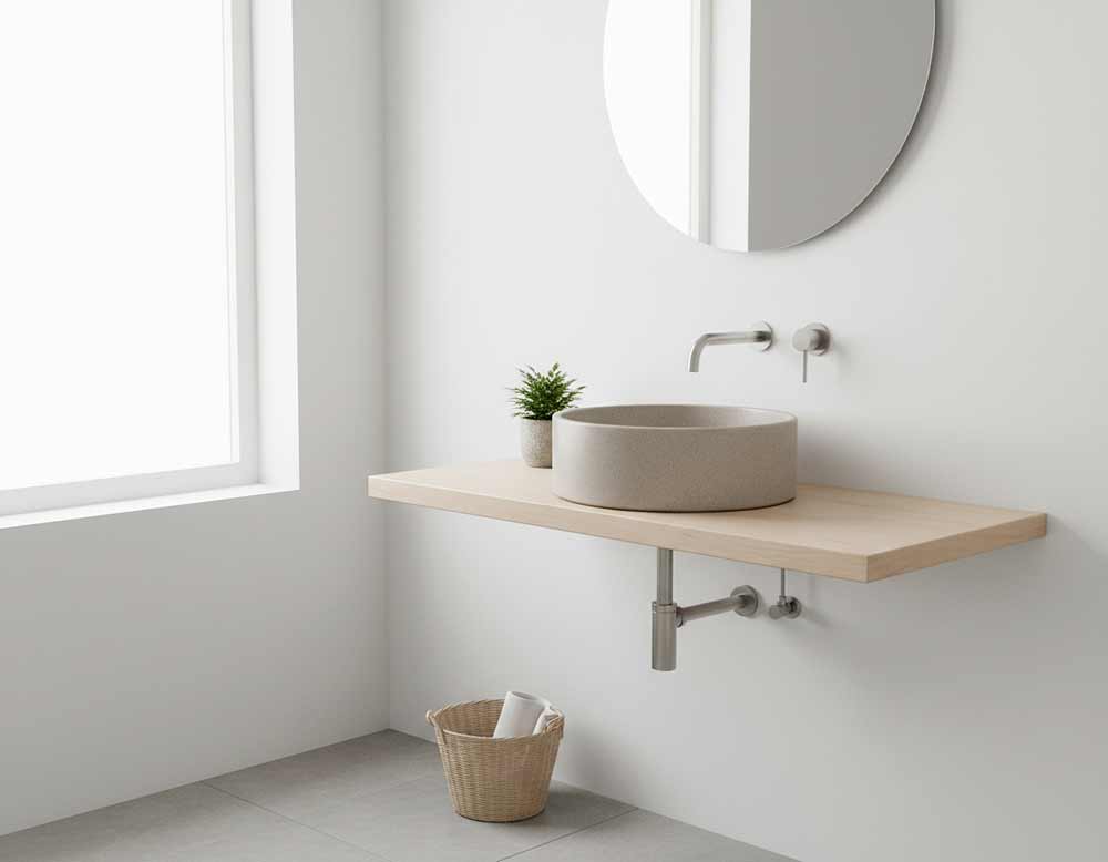 Aufsatzwaschbecken aus Beton im Bad im Skandinavischer Minimalismus Stil Aufsatzwaschbecken aus Beton im Bad im Skandinavischer Minimalismus Stil