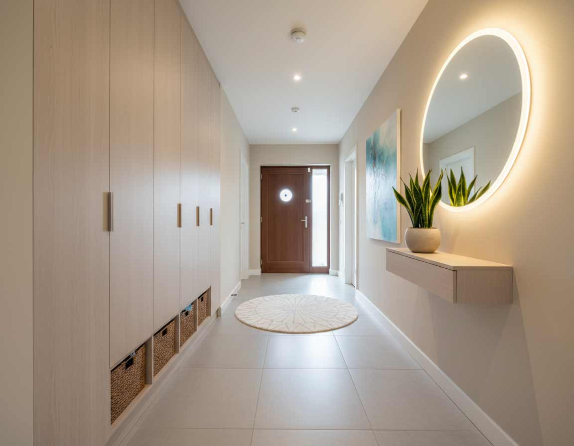 Feng Shui Flur – heller, minimalistischer Eingangsbereich mit Holzboden und Spiegel Feng Shui Flur – heller, minimalistischer Eingangsbereich mit Holzboden und Spiegel