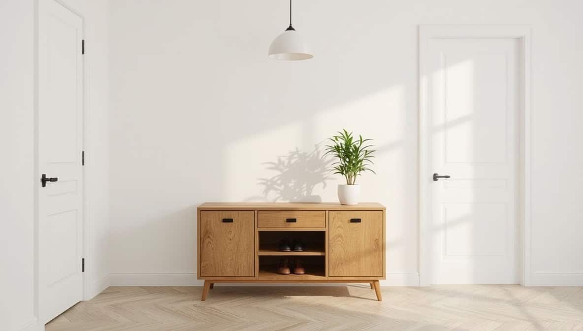 Feng Shui Flur – aufgeräumter Schuhschrank mit Bambuspflanze und warmem Licht