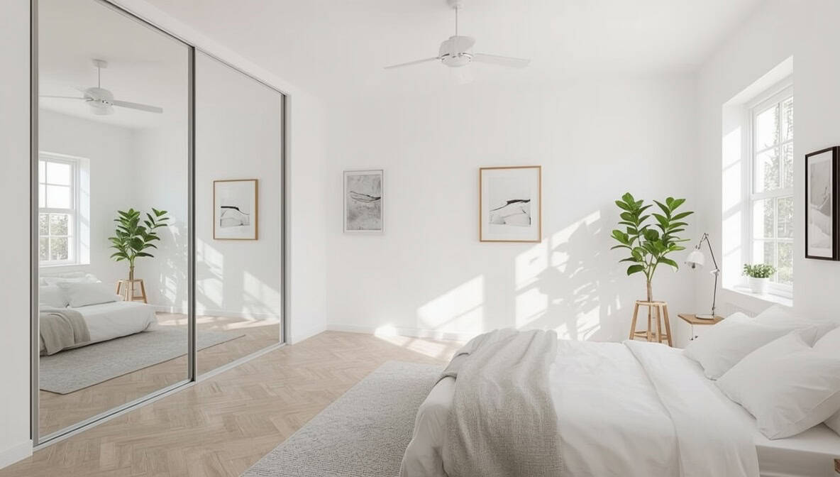 Schlafzimmer mit Spiegelschrank an der Seitenwand nach Feng Shui – helle und harmonische Einrichtung