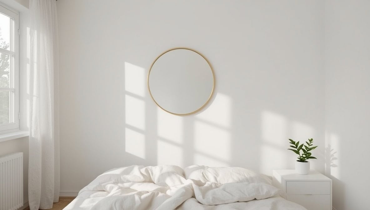 Runder Dekorationsspiegel im Schlafzimmer nach Feng Shui – seitlich neben dem Fenster platziert