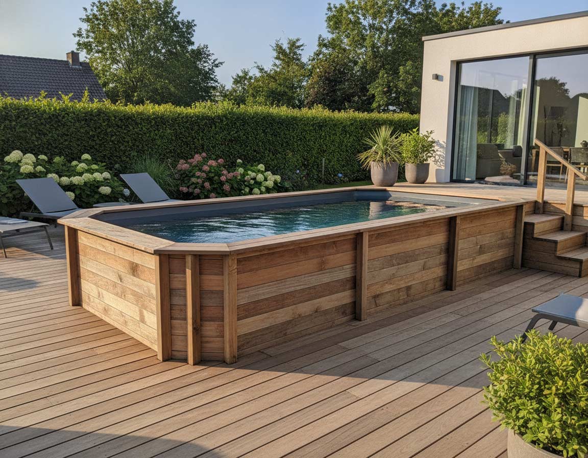 Aufstellpool im Garten mit Holzverkleidung Aufstellpool im Garten mit Holzverkleidung
