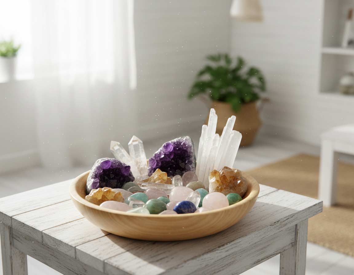 Kristalle udn Quarze als Fengshui Deko in einer Schale Kristalle udn Quarze als Fengshui Deko in einer Schale