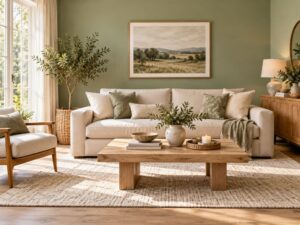 Beiges Sofa vor einer salbeigrünen Wand