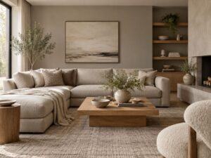 Moderne Greige Kombination mit beigem Sofa und beige-grauer Wand