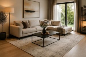 Mehr über den Artikel erfahren Teppichgröße im Wohnzimmer: Welche Größe passt unter Sofa und Couchtisch?