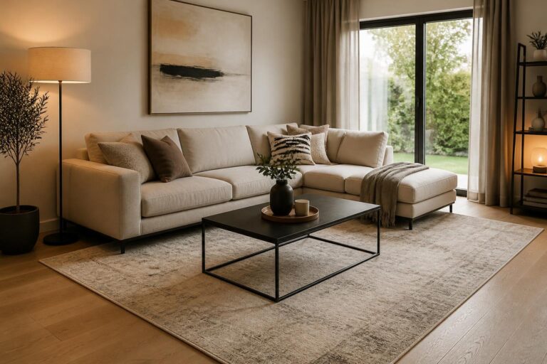 Mehr über den Artikel erfahren Teppichgröße im Wohnzimmer: Welche Größe passt unter Sofa und Couchtisch?